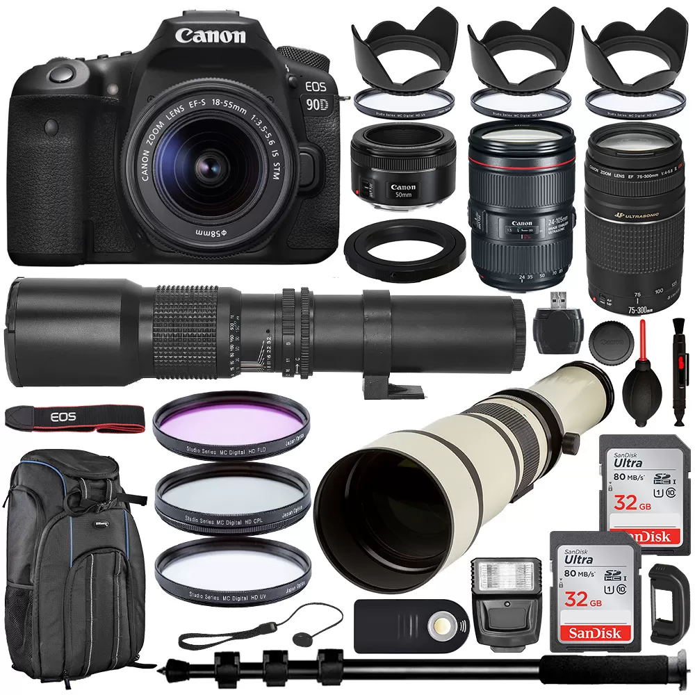 Canon EOS 5D Mark IV DSLR Camera With Canon 24-105mm USM, - 1483C010 50mm F/1.8 STM, - 0570C002 & 75-300mm F/4-5.6 III - 6472A002 With 500mm & 650-1300mm Preset Telephoto 5 Lens Essential Bundle