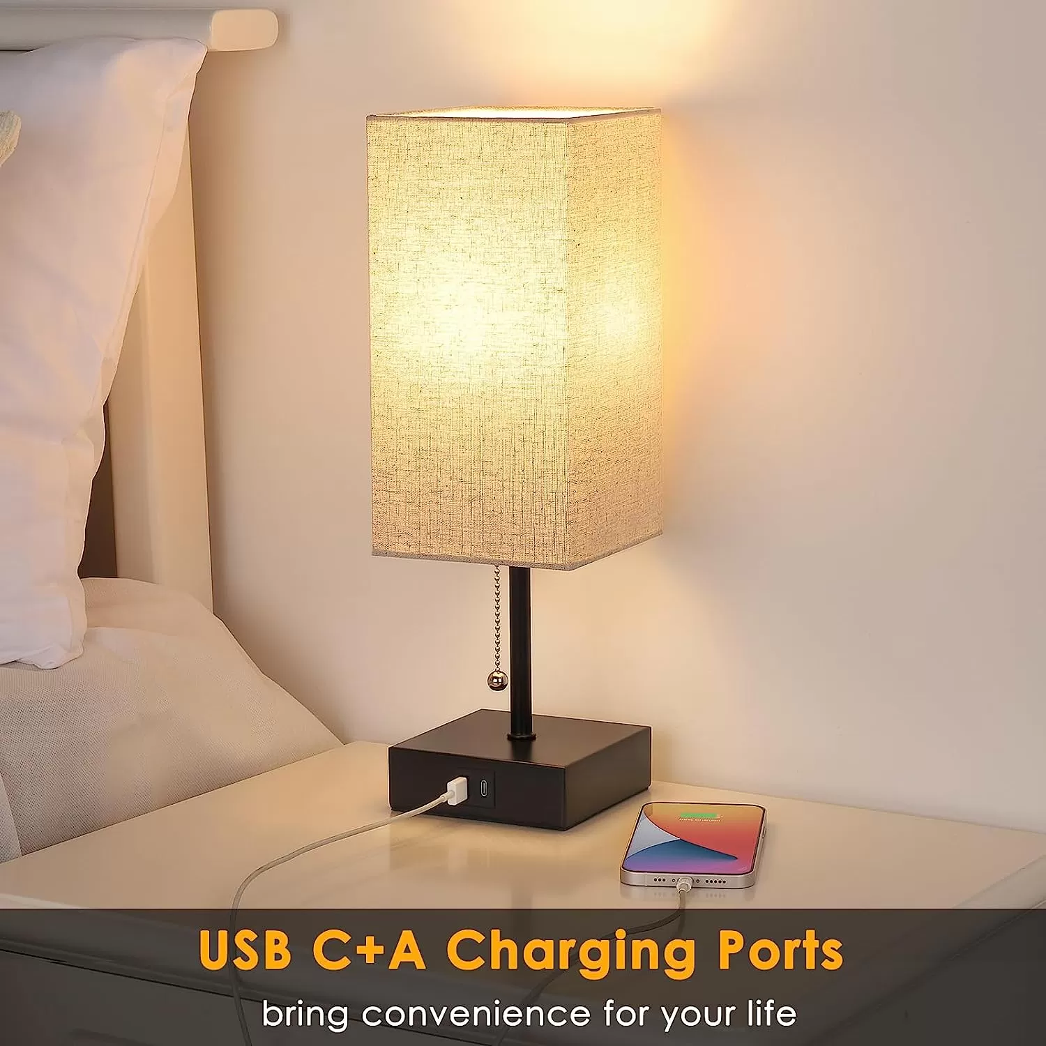 GGOYING Bedside Table Lamp, Pull Chain Table Lamp with Dual USB Charging Ports, 2700K LED Bulb, Fabric Linen Lampshade, Nightstand Lamp for Livingroom Bedroom Office Reading Working