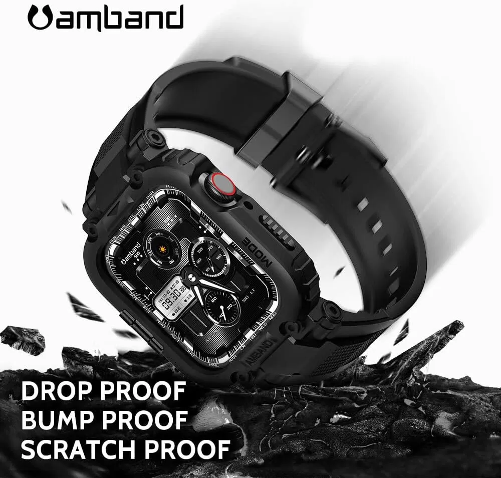 amBand Bands Compatible with Apple Watch 8/7 45mm, M1 Sport Series Rugged Case with Strap Protective Cover for iWatch 6/SE/5/4/3 42/44/45mm Men Black