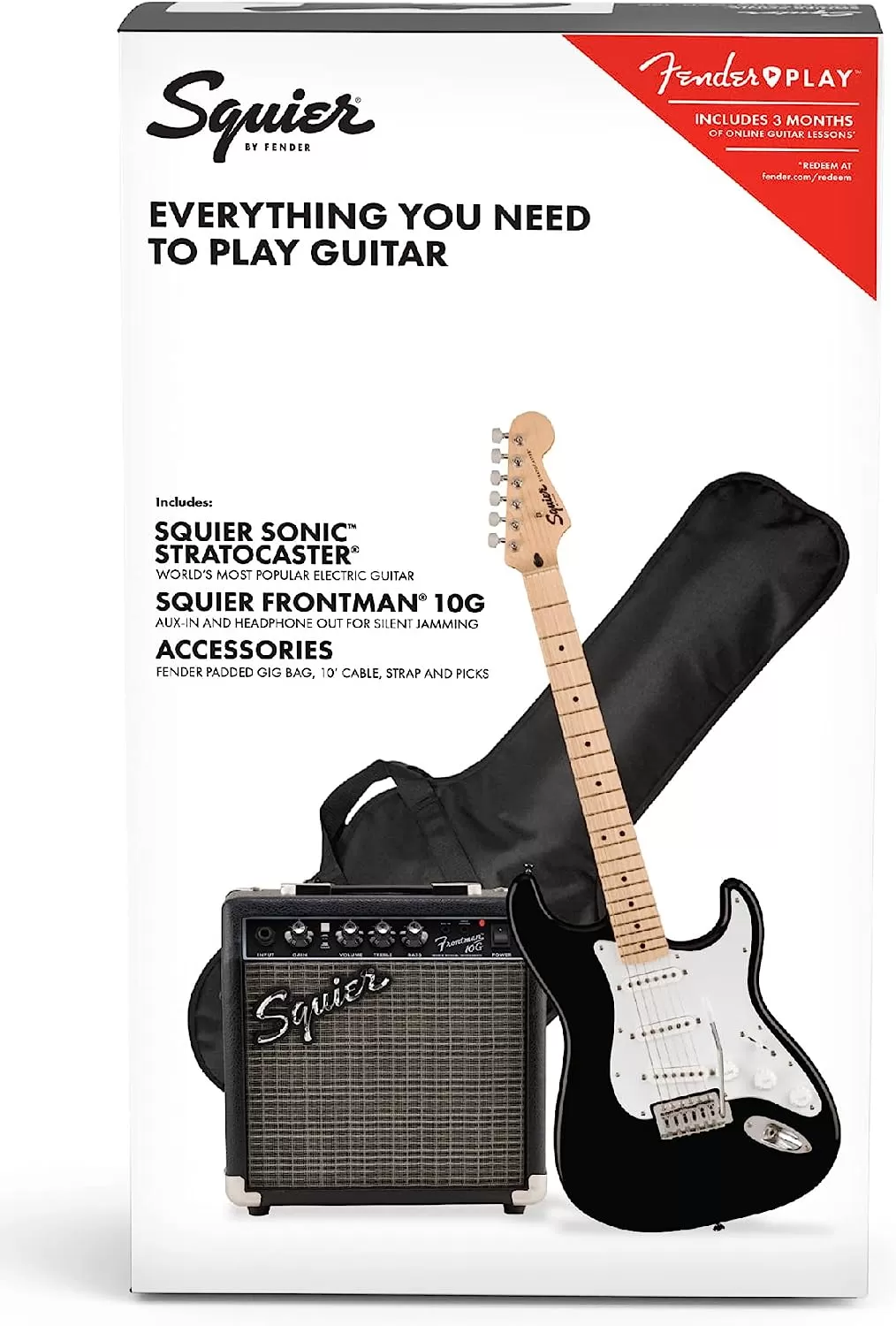 Fender Squier Stratocaster - Sunburst Bundle with Frontman 10G Amp, Gig Bag, Instrument Cable, Tuner, Strap, Picks, Fender Play Online Lessons, Instructional Book, and Austin Bazaar Instructional DVD