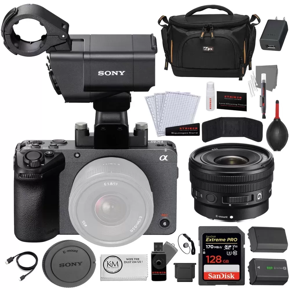 Sony FX30 Digital Cinema Camera with XLR Handle Unit + Sony E 10-20mm f/4 PZ G Lens + 128GB Memory Card + Generic NP-FZ100 Battery + Striker Photo Kit (11 Pieces) + TL-50 Camera Case + Cleaning Cloth