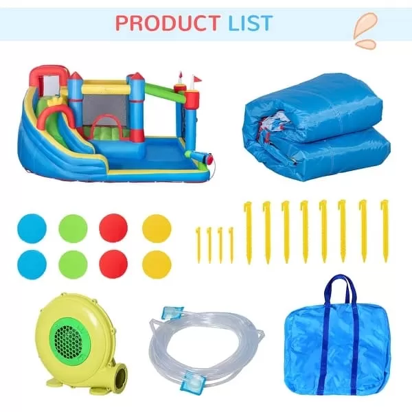 6-in-1 Inflatable Water Slide, Kids Castle Bounce House Includes Slide, Trampoline, Pool, Water Gun, Climbing Wall