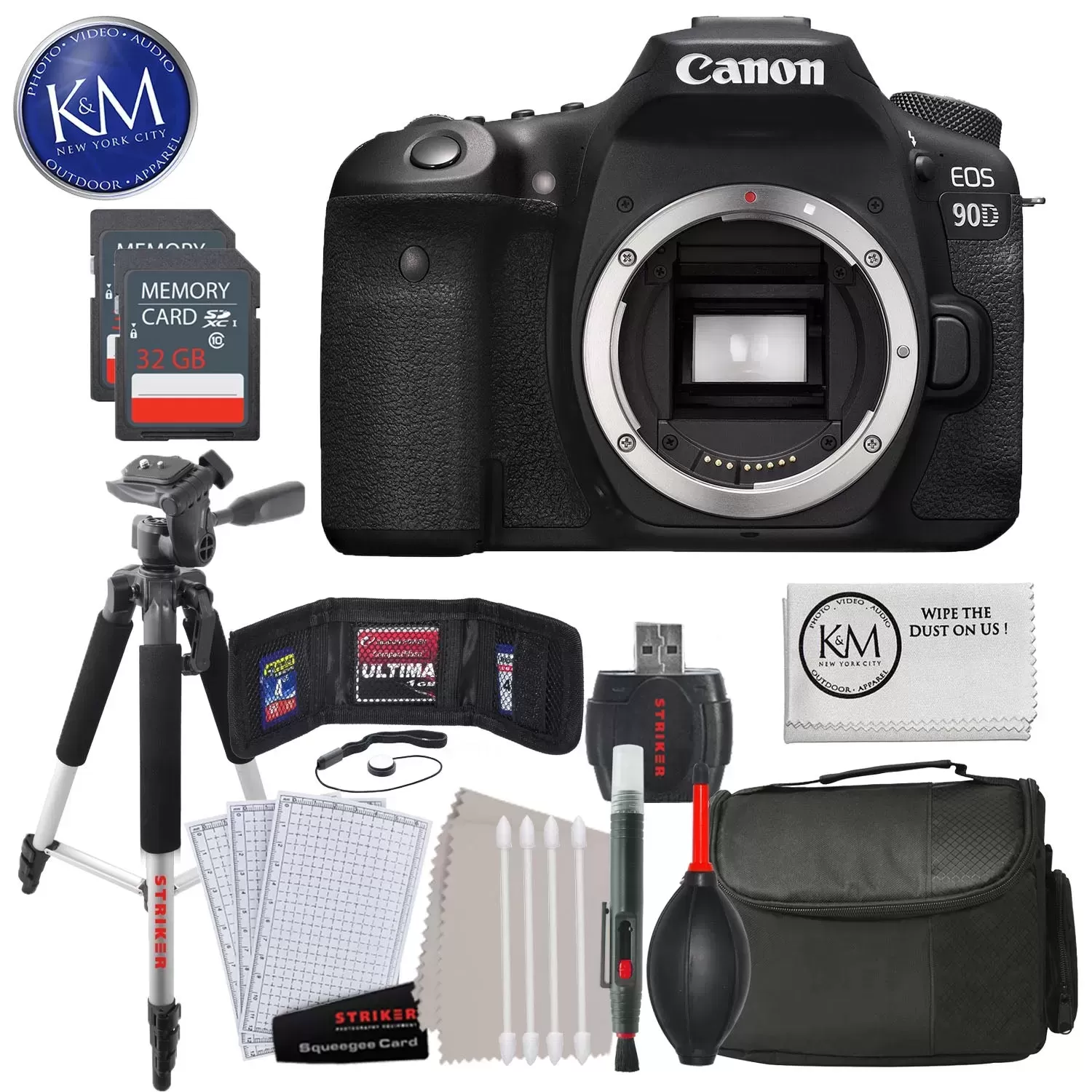 Canon EOS 90D DSLR Camera (Body Only) with 32GB & Essential Striker Bundle: Includes – Large Tripod, Large Camera Bag, and Striker Cleaning Kits.
