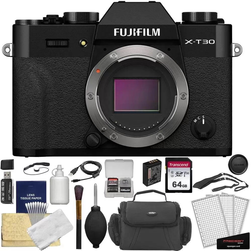 FUJIFILM X-T30 II Mirrorless Digital Camera | Body Only, Black + Cleaning Kit | 6pc + Memory Card and Case + LCD Screen Protectors + Camera Case + Memory Card Reader + Lens Cap Keeper Bundle