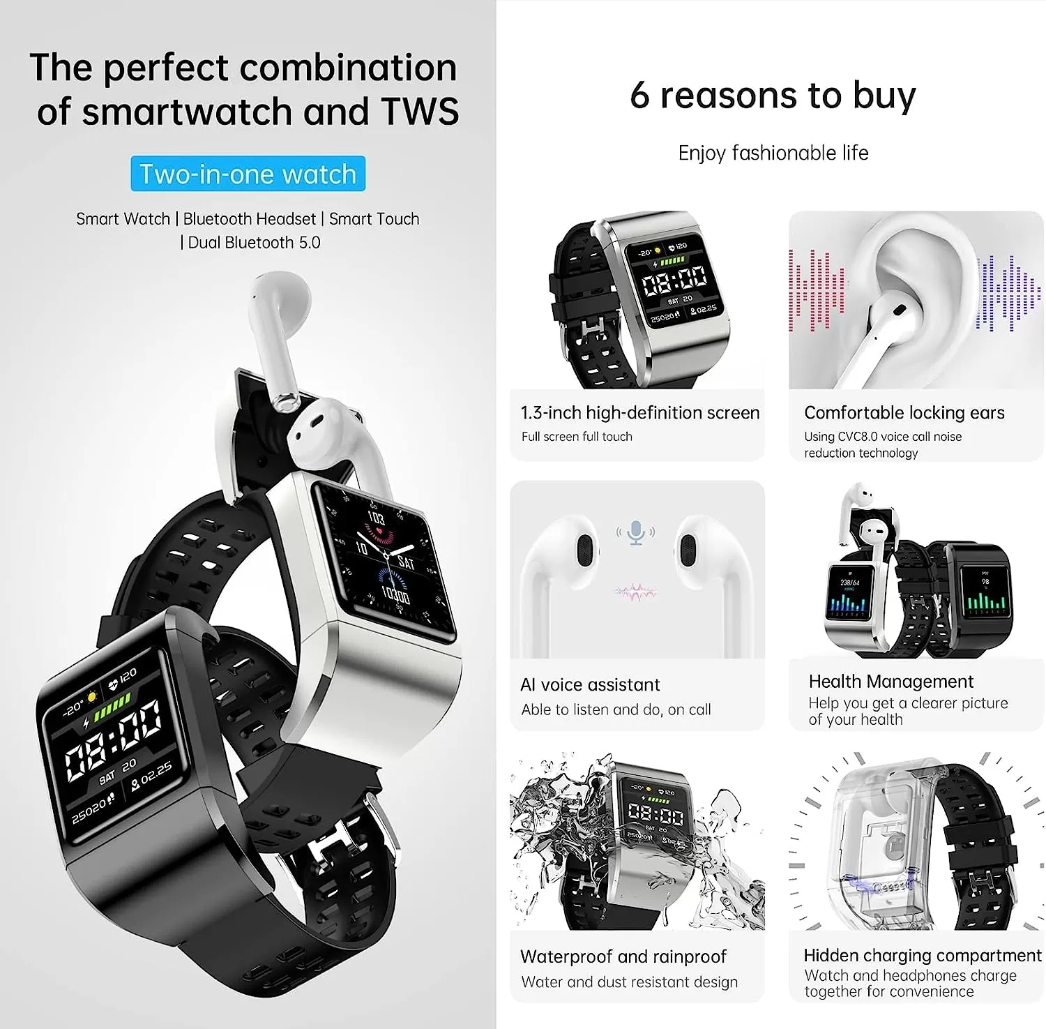 G36Pro 2 in 1 Smart Watch TWS Wireless Bluetooth Headset 1.3 Inch Screen Heart Rate Blood Pressure Oxygen Fitness Tracker Earbuds Music Wristband Earphone Smartwatch (Silver)