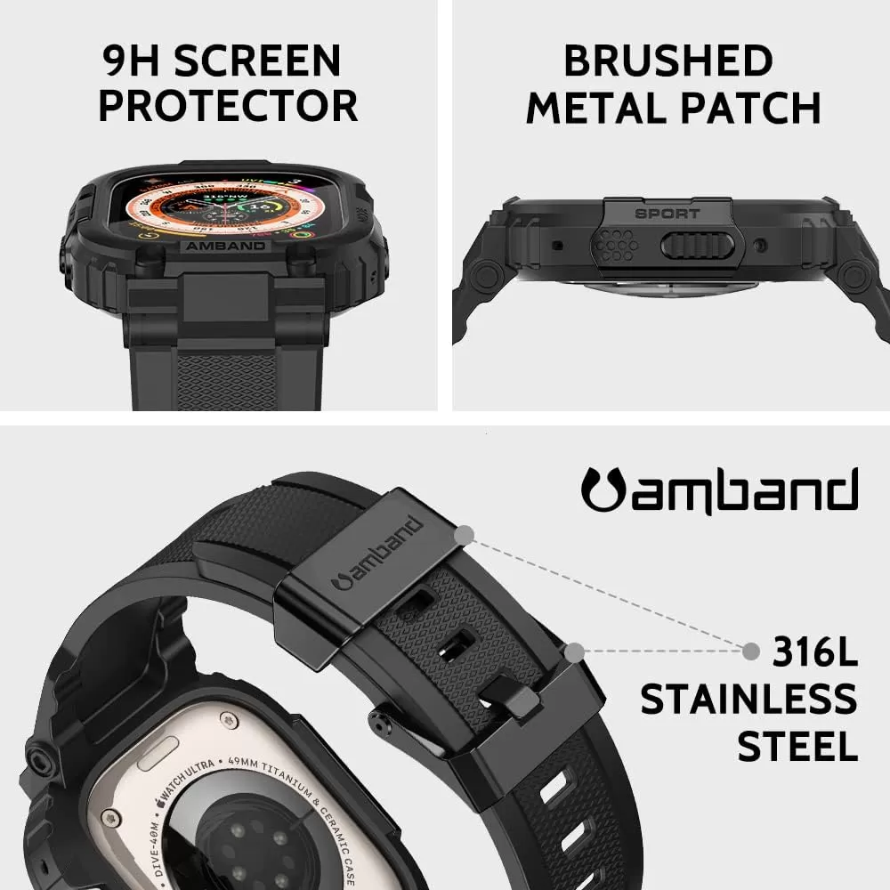 amBand Bands Compatible with Apple Watch 8/7 45mm, M1 Sport Series Rugged Case with Strap Protective Cover for iWatch 6/SE/5/4/3 42/44/45mm Men Black