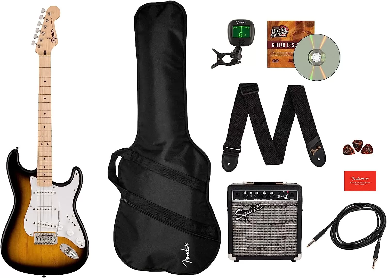 Fender Squier Stratocaster - Sunburst Bundle with Frontman 10G Amp, Gig Bag, Instrument Cable, Tuner, Strap, Picks, Fender Play Online Lessons, Instructional Book, and Austin Bazaar Instructional DVD