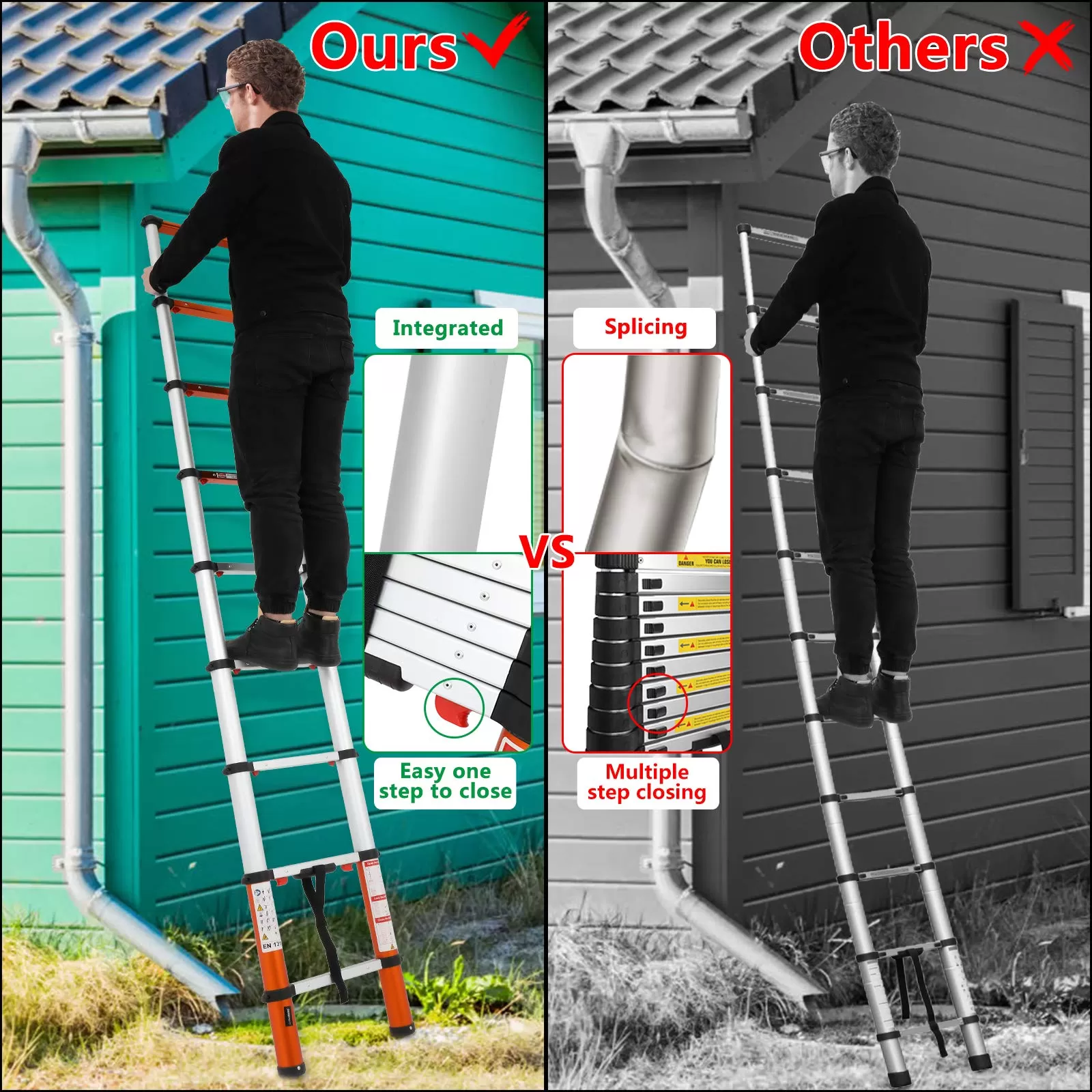 Multi-Use Telescoping Ladder Aluminum Extension Ladder One-Button Retraction 330 Lb Capacity