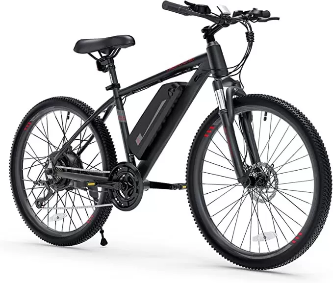 26'' Mountain Ebike 350W 36V/10.4AH Removable Lithium Battery, 2X Faster Charge Shimano 21 Speed and LCD Smart Meter