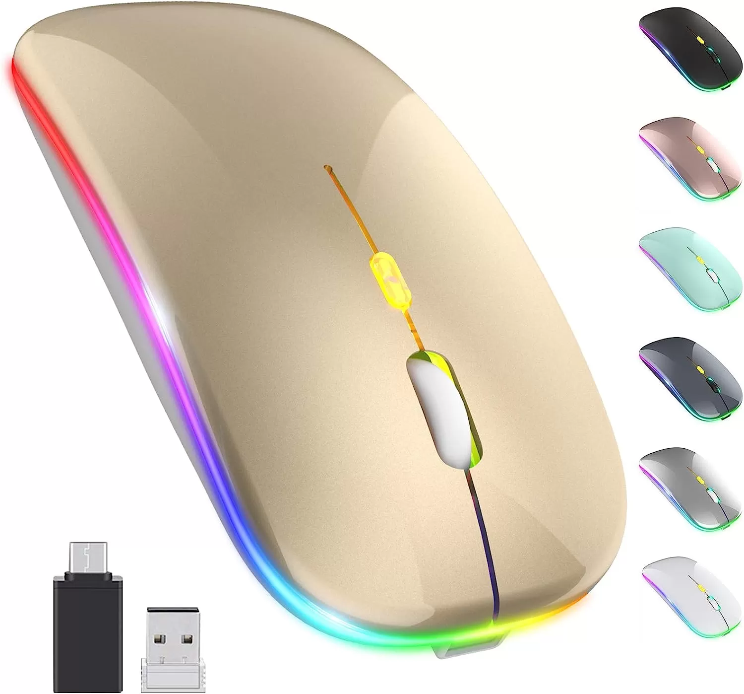 [Upgrade] LED Wireless Mouse, Slim Silent Mouse 2.4G Portable Mobile Optical Office Mouse with USB & Type-c Receiver, 3 Adjustable DPI Levels for Notebook, PC, Laptop, Computer, MacBook (Pink)