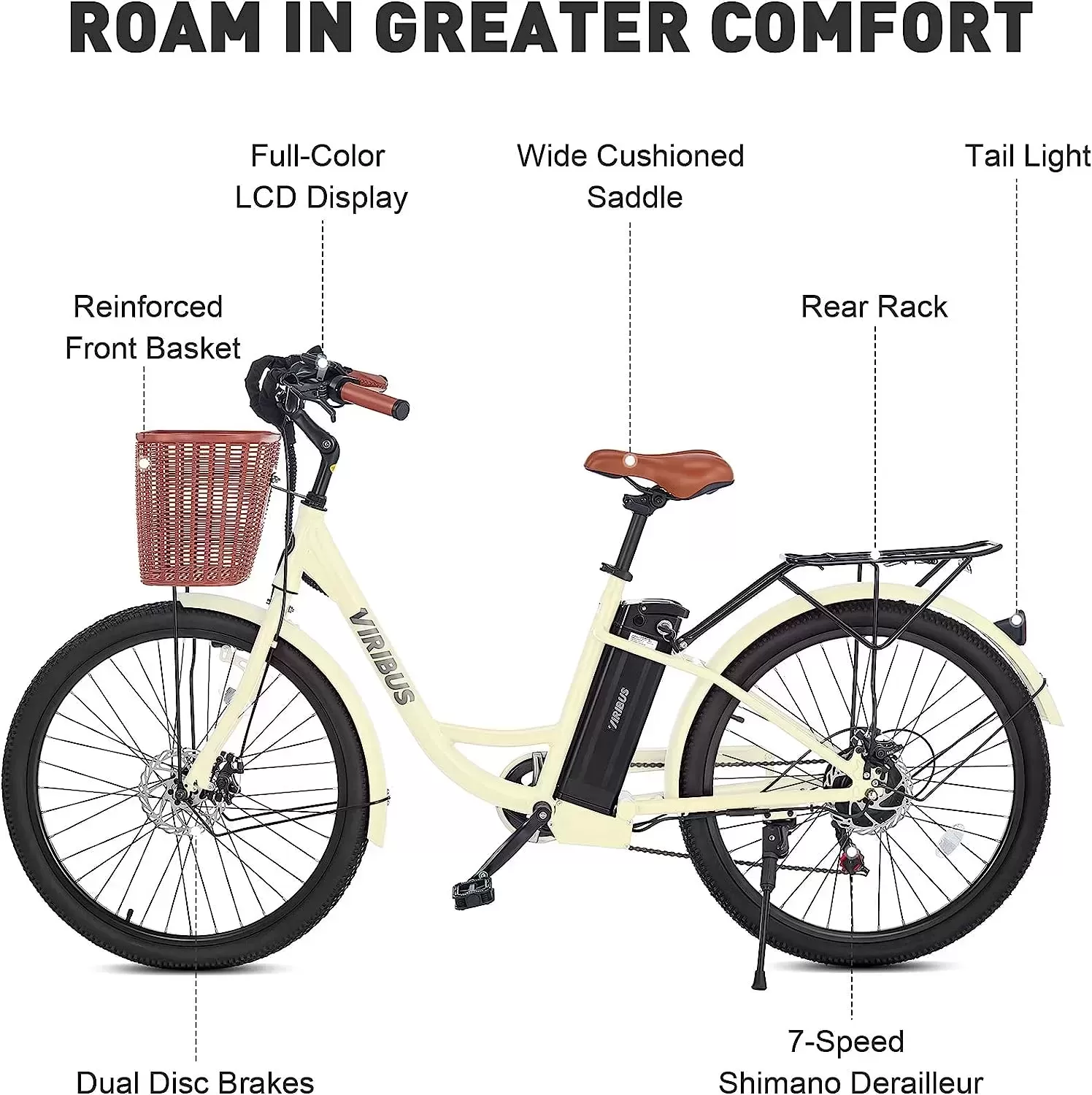 Viribus Electric Bike, Electric Cruiser Bike Adults Women, 25mph 40+ Mile Range 26