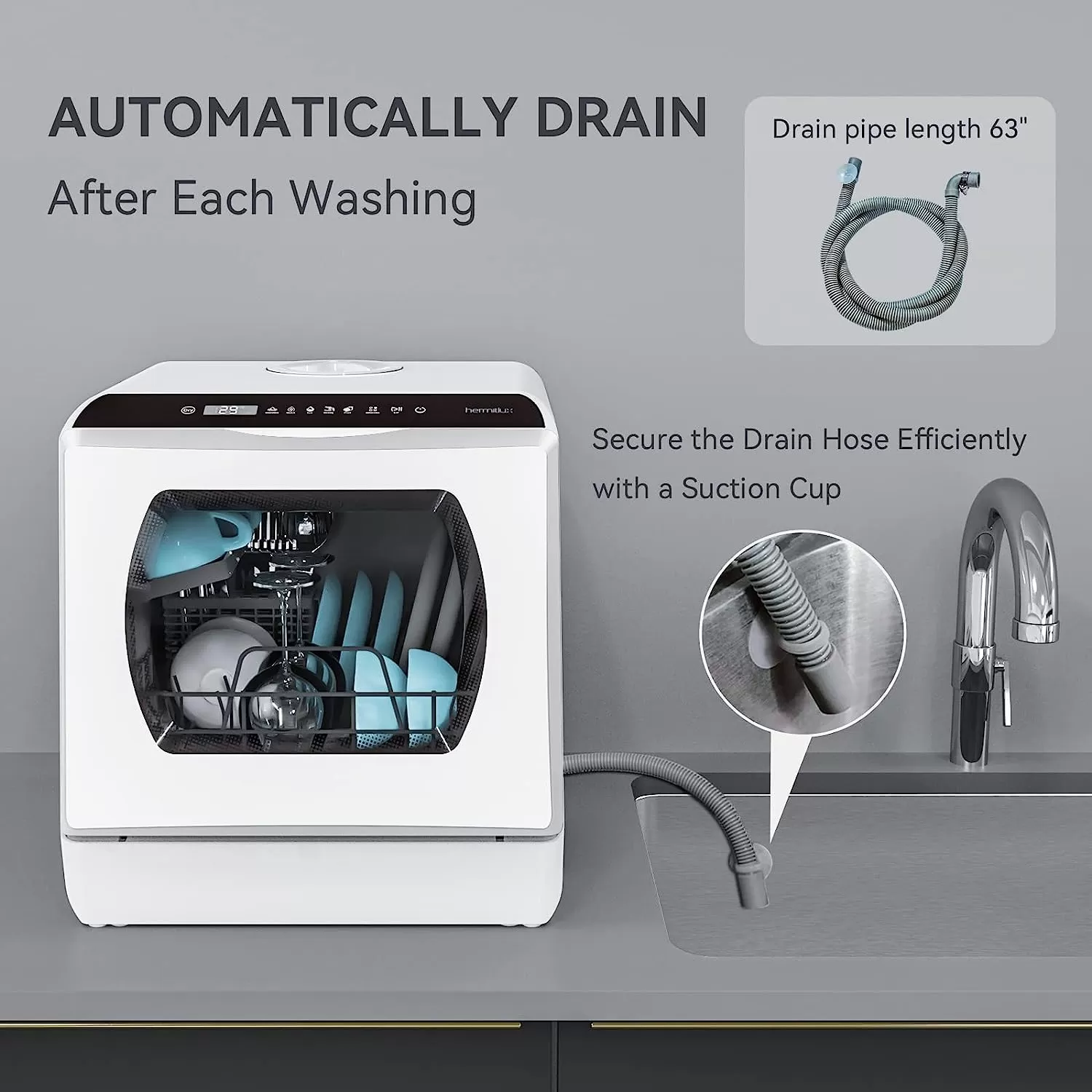 Hermitlux Countertop Dishwasher, 5 Washing Programs Portable Dishwasher With 5-Liter Built-in Water Tank, No Hookup Needed