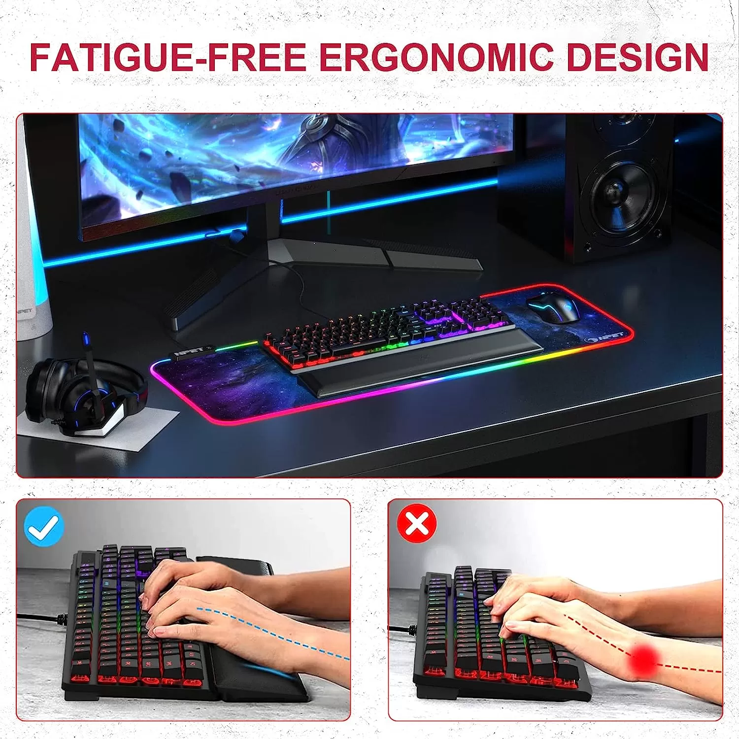 NPET K10 Wired Gaming Keyboard, LED Backlit, Spill-Resistant Design, Multimedia Keys, Quiet Silent USB Membrane Keyboard for Desktop, Computer, PC (Black)