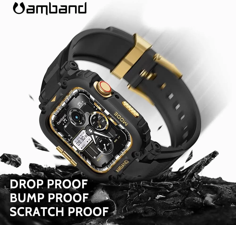 amBand Bands Compatible with Apple Watch 8/7 45mm, M1 Sport Series Rugged Case with Strap Protective Cover for iWatch 6/SE/5/4/3 42/44/45mm Men Black