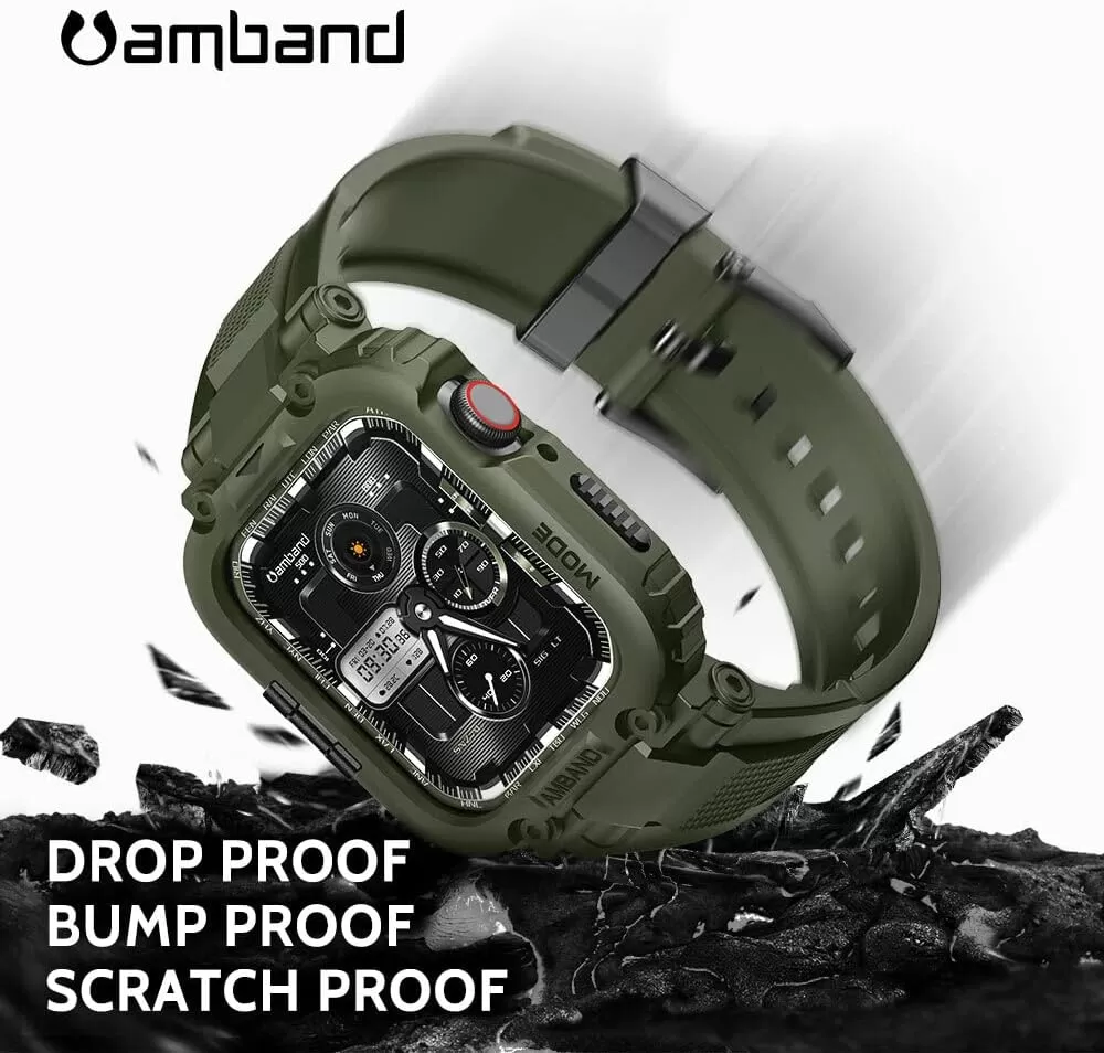 amBand Bands Compatible with Apple Watch 8/7 45mm, M1 Sport Series Rugged Case with Strap Protective Cover for iWatch 6/SE/5/4/3 42/44/45mm Men Black