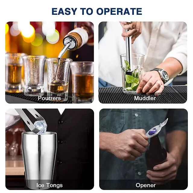 Insulated Cocktail Shaker Bartender Kit Cocktail Shaker Mixer Stainless Steel 350ml Bar Tool Set with Stylish Bamboo Stand Perfect Home Bartending Kit and Martini Cocktail Shaker Set