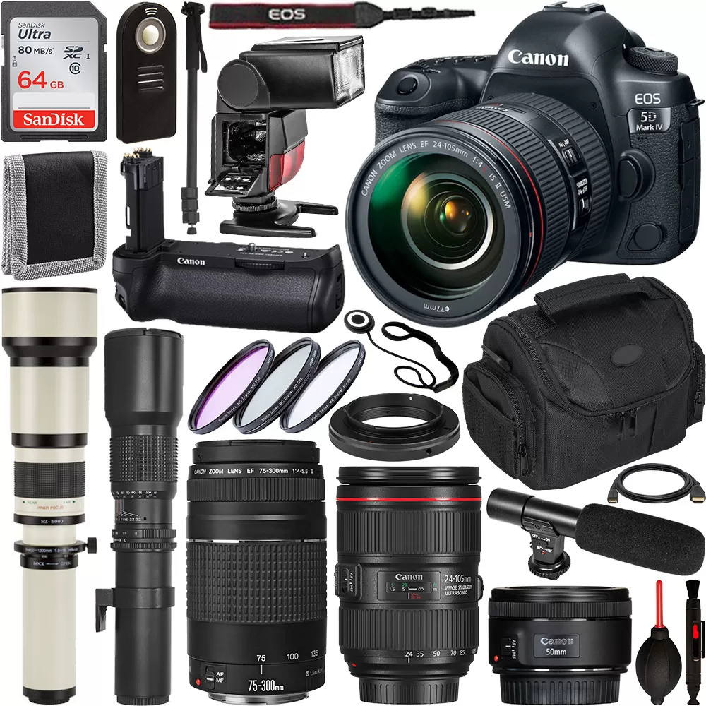 Canon EOS 5D Mark IV With 24-105mm F/4L II USM - 1483C010, Canon EF 50mm F/1.8 STM - 0570C002, And Canon EF 75-300mm F/4-5.6 II Telephoto - 6472A002, 5 Lens Professional Lens Bundle