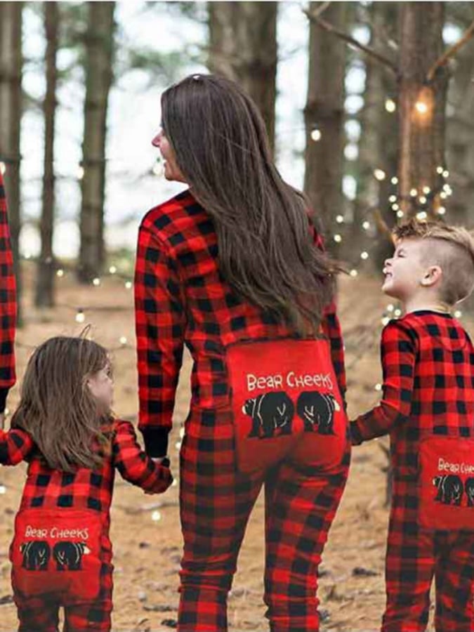 Christmas Plaid Long Sleeve Jumpsuit Pajamas Matching Family Set