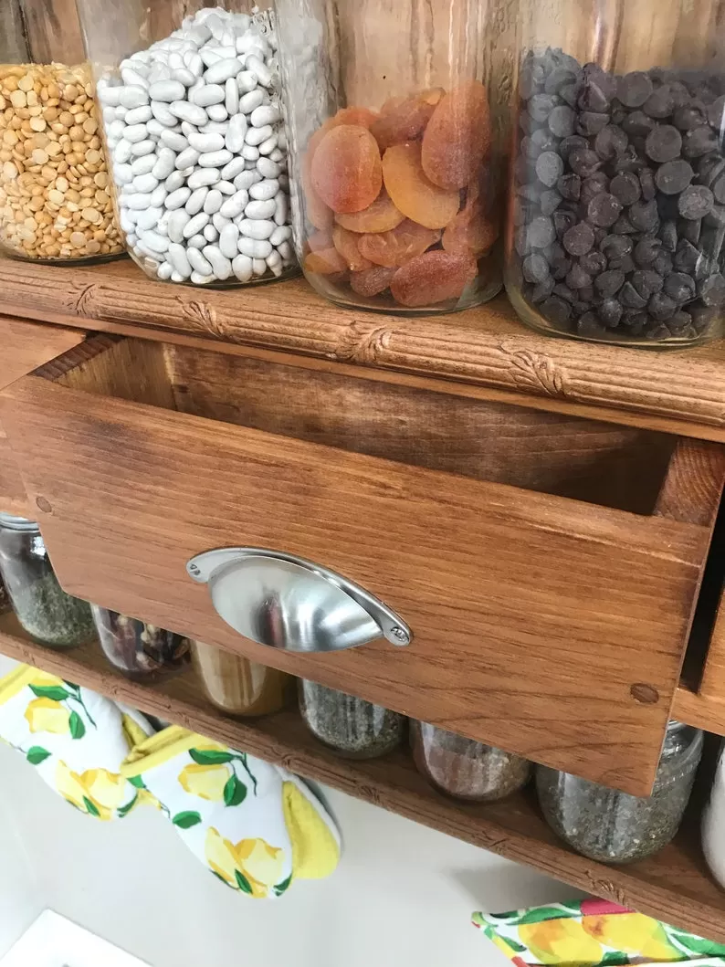Forever Tulips, spice rack, spice pantry, spice cabinet, chefs pantry, kitchen cupboard, custom kitchen cabinet with frosted glass doors.
