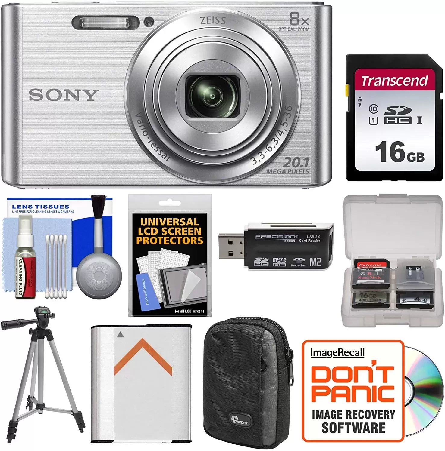 Sony Cyber-Shot DSC-W830 Digital Camera (Silver) with 16GB Card + Case + Battery + Tripod + Accessory Kit