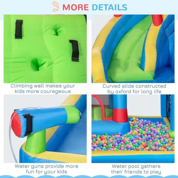 6-in-1 Inflatable Water Slide, Kids Castle Bounce House Includes Slide, Trampoline, Pool, Water Gun, Climbing Wall