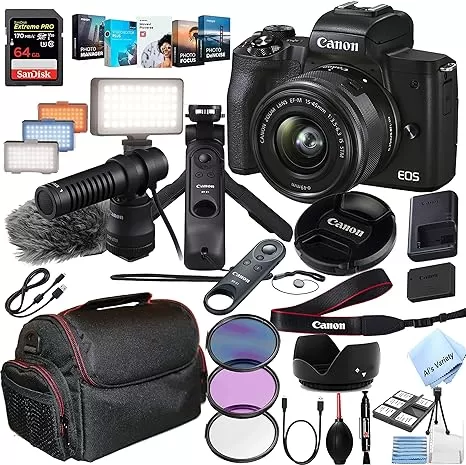 🔥 Models in popular advertisements 🔥 Canon EOS M50 Mark II with 15-45mm Lens Content Creator Kit – 64GB Extreme Speed Memory, LED Video Light, Microphone, Tripod, Remote, Vlogging Editing Software + More (36pc Bundle)