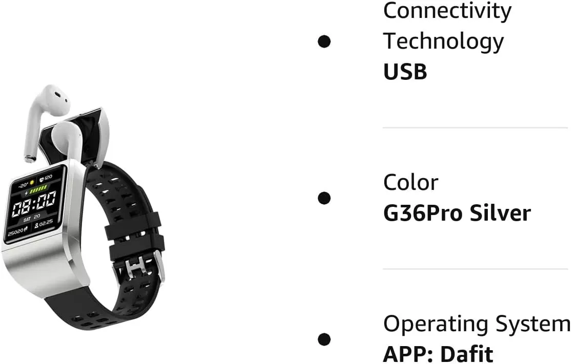 G36Pro 2 in 1 Smart Watch TWS Wireless Bluetooth Headset 1.3 Inch Screen Heart Rate Blood Pressure Oxygen Fitness Tracker Earbuds Music Wristband Earphone Smartwatch (Silver)