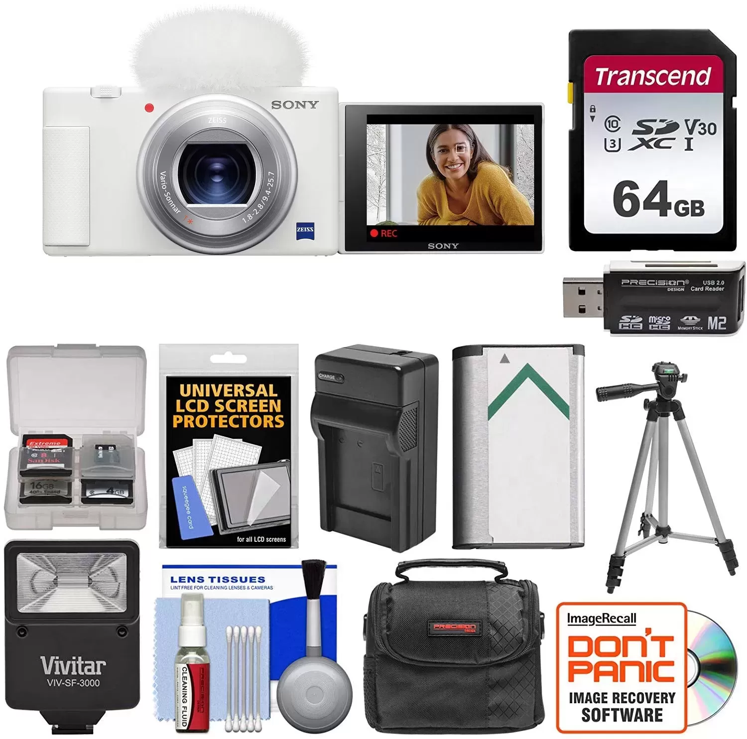 Sony ZV-1 Digital Camera | White with 64GB Card + Case + Flash + Battery & Charger + Tripod + Kit