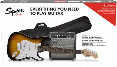 Fender Squier Stratocaster - Sunburst Bundle with Frontman 10G Amp, Gig Bag, Instrument Cable, Tuner, Strap, Picks, Fender Play Online Lessons, Instructional Book, and Austin Bazaar Instructional DVD