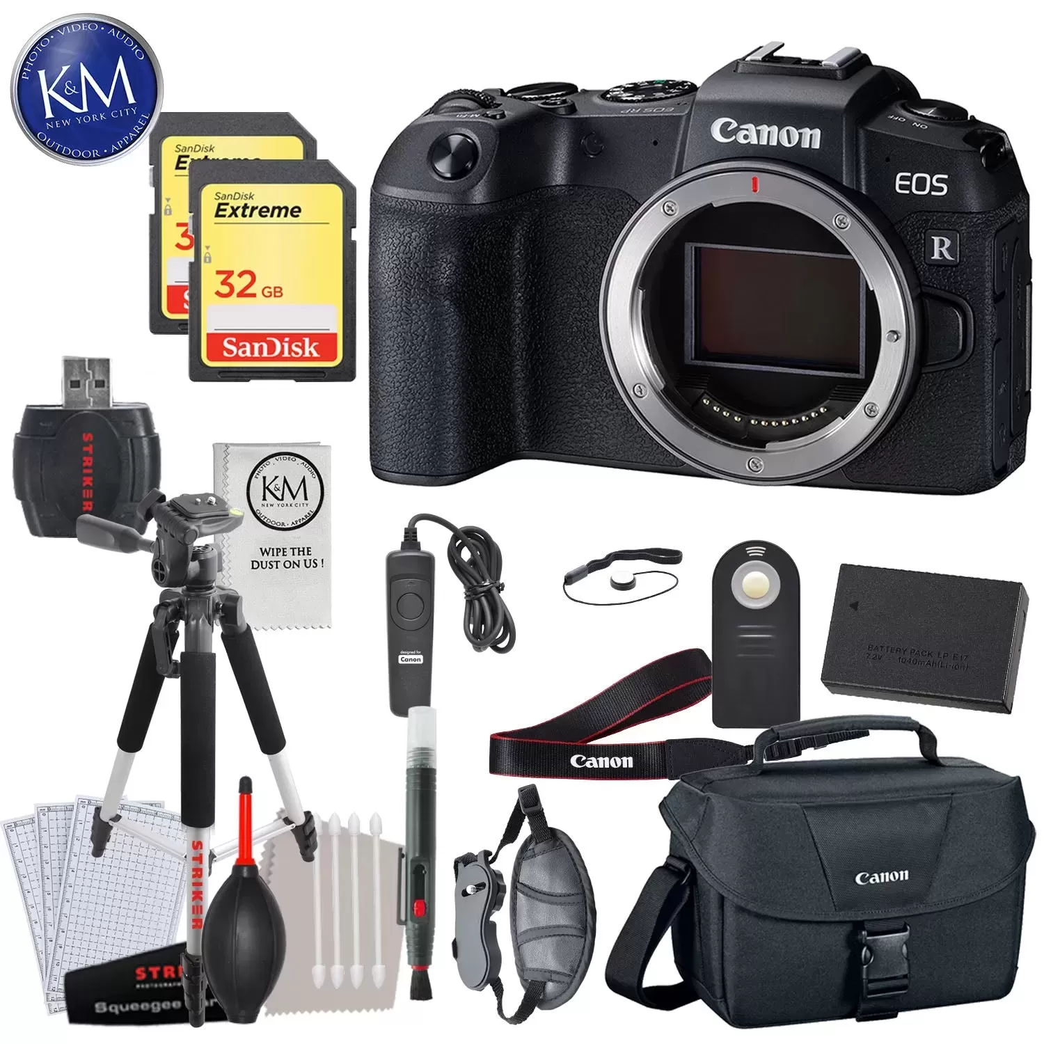 Canon EOS RP Mirrorless Digital Camera (Body Only) with Deluxe Striker Bundle: Includes- Memory Card, Extra Battery, Large Tripod, Handstrap, Large Bag, and Striker Starter Kit