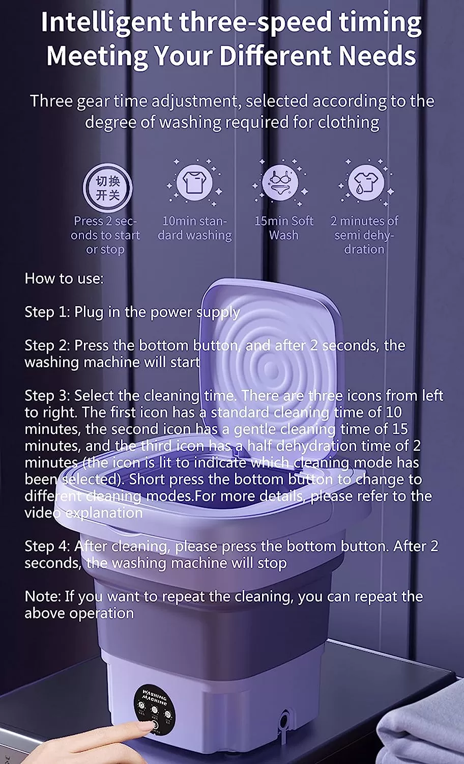 Portable Washing Machine, High Capacity Mini Washer with 3 Modes Deep Cleaning Half Automatic Washt, Foldable Washing Machine with Soft Spin Dry for Socks, Baby Clothes, Towels, Delicate Items (Purple)