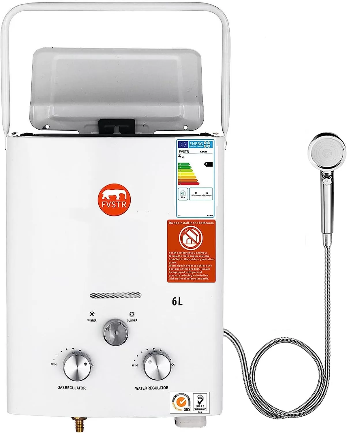 FVSTR-Carvn 1.6GPM 6L Portable Outdoor Propane Gas Tankless Water Heater Digital Display Overheating Protection RV Camping Water Heater Easy to Install for Pets