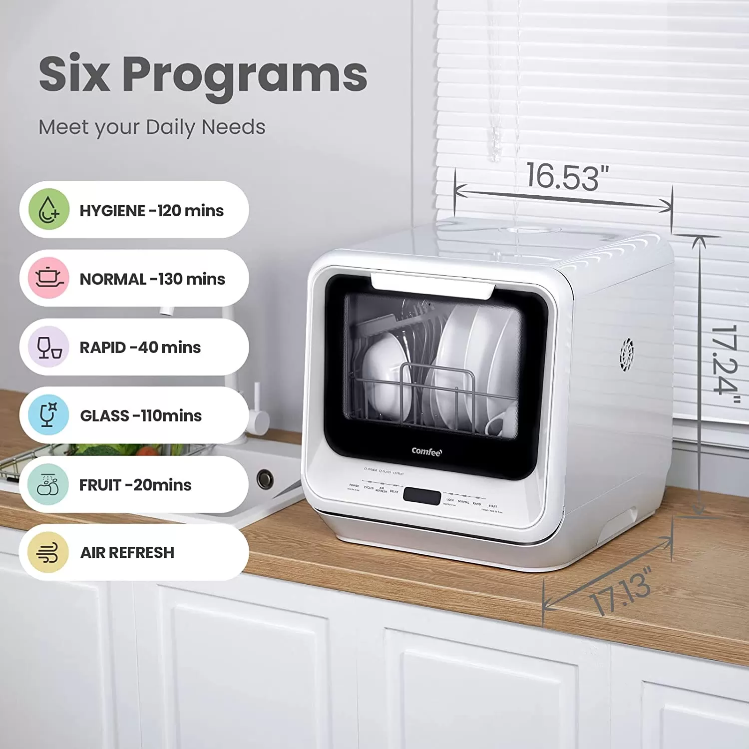 COMFEE' Portable Dishwasher Countertop, Mini Dishwasher with 5L Built-in Water Tank, No Hookup Needed, 6 Programs, 360° Dual Spray, 192°F High-Temp& Air-Dry Function, Dishwasher for Apartments& RVs