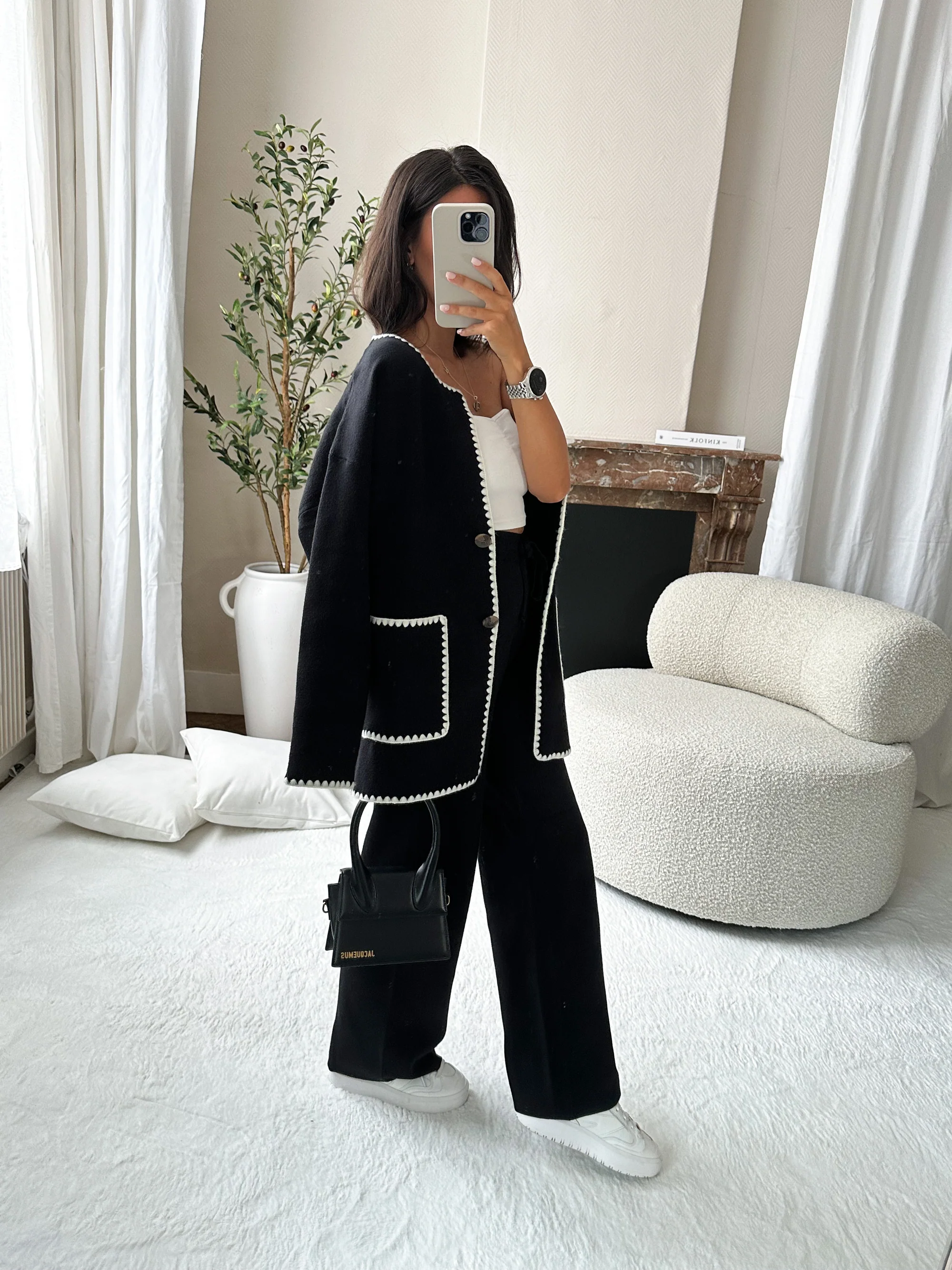 Trim jacket and casual pants two-piece set