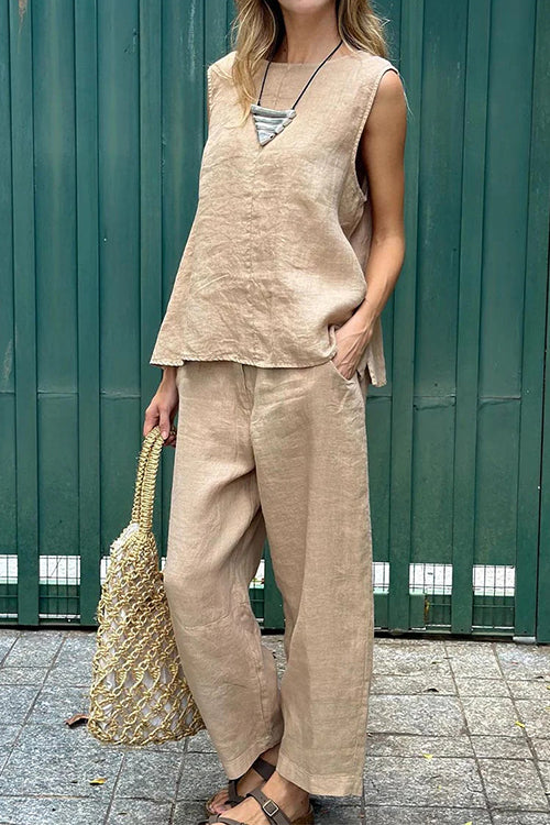 Casual Sleeveless Pullover Top Wide Leg Pants Cotton Linen Set