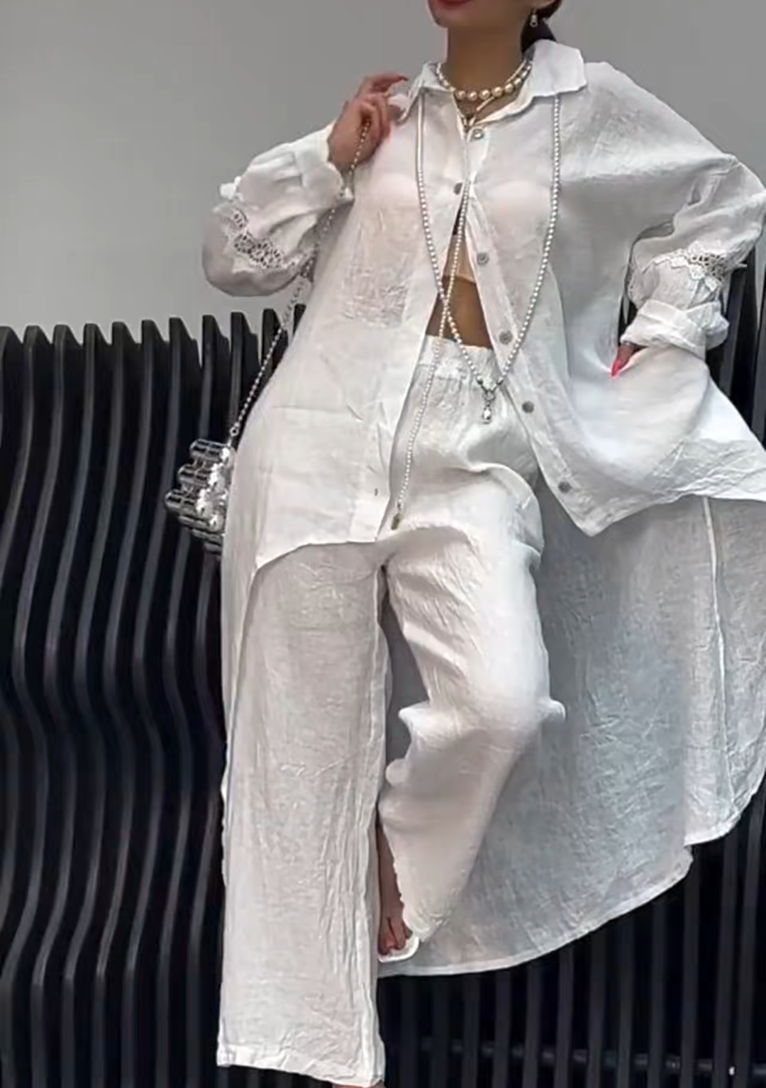 Irregular hem long-sleeved top and pants set