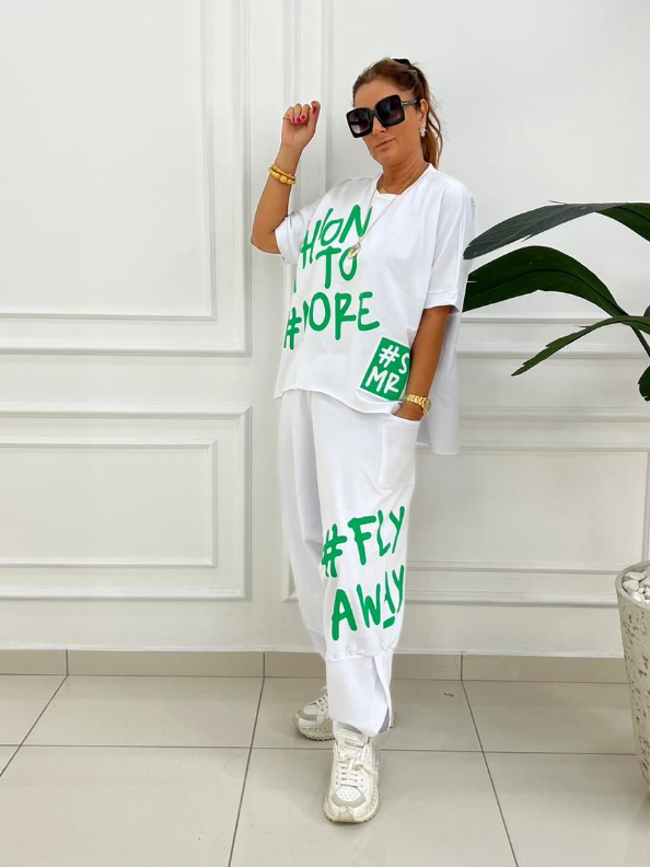 Letter Printed Casual Short Sleeve Long Pants Two-Piece Set