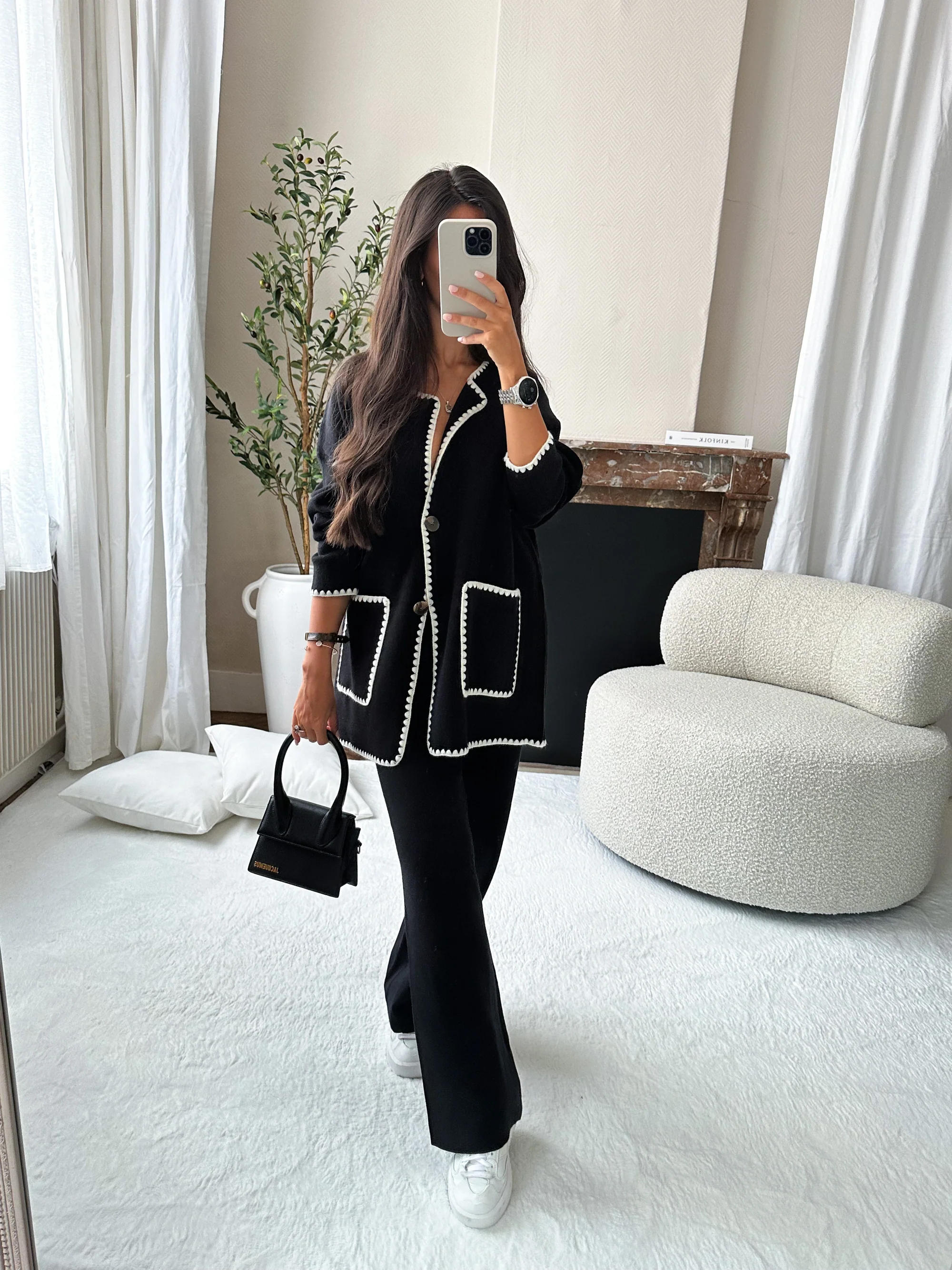 Trim jacket and casual pants two-piece set