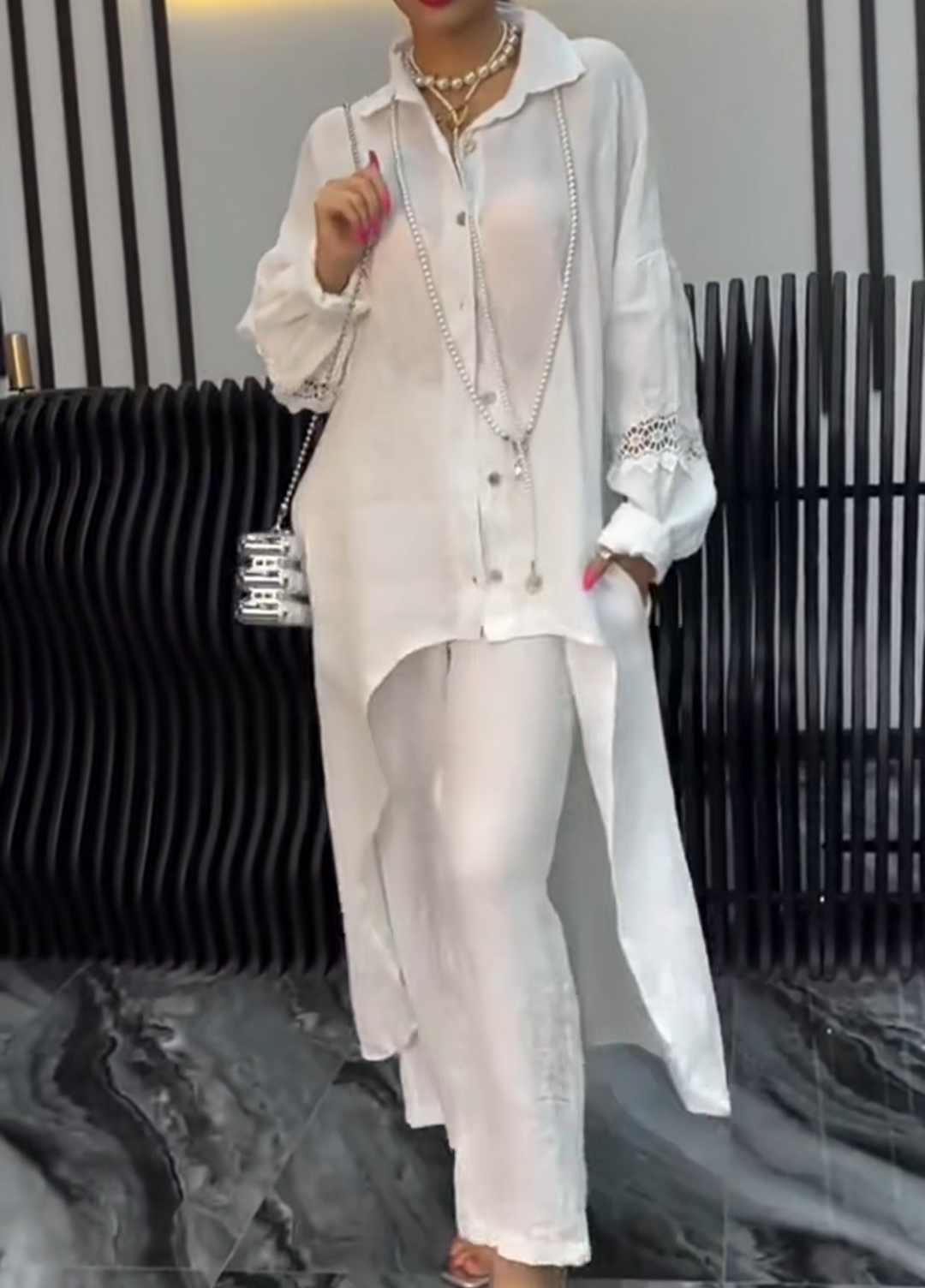Irregular hem long-sleeved top and pants set