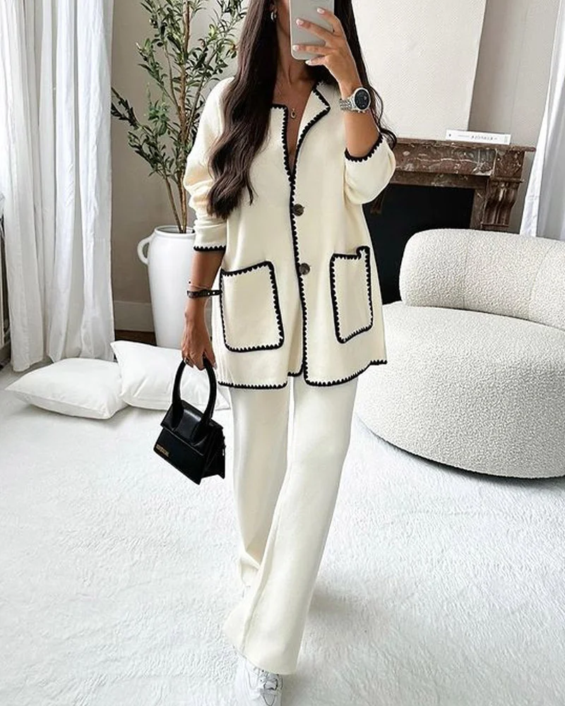 Trim jacket and casual pants two-piece set
