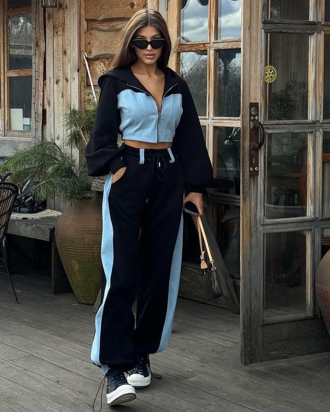 Denim patchwork hooded top and trousers two-piece set