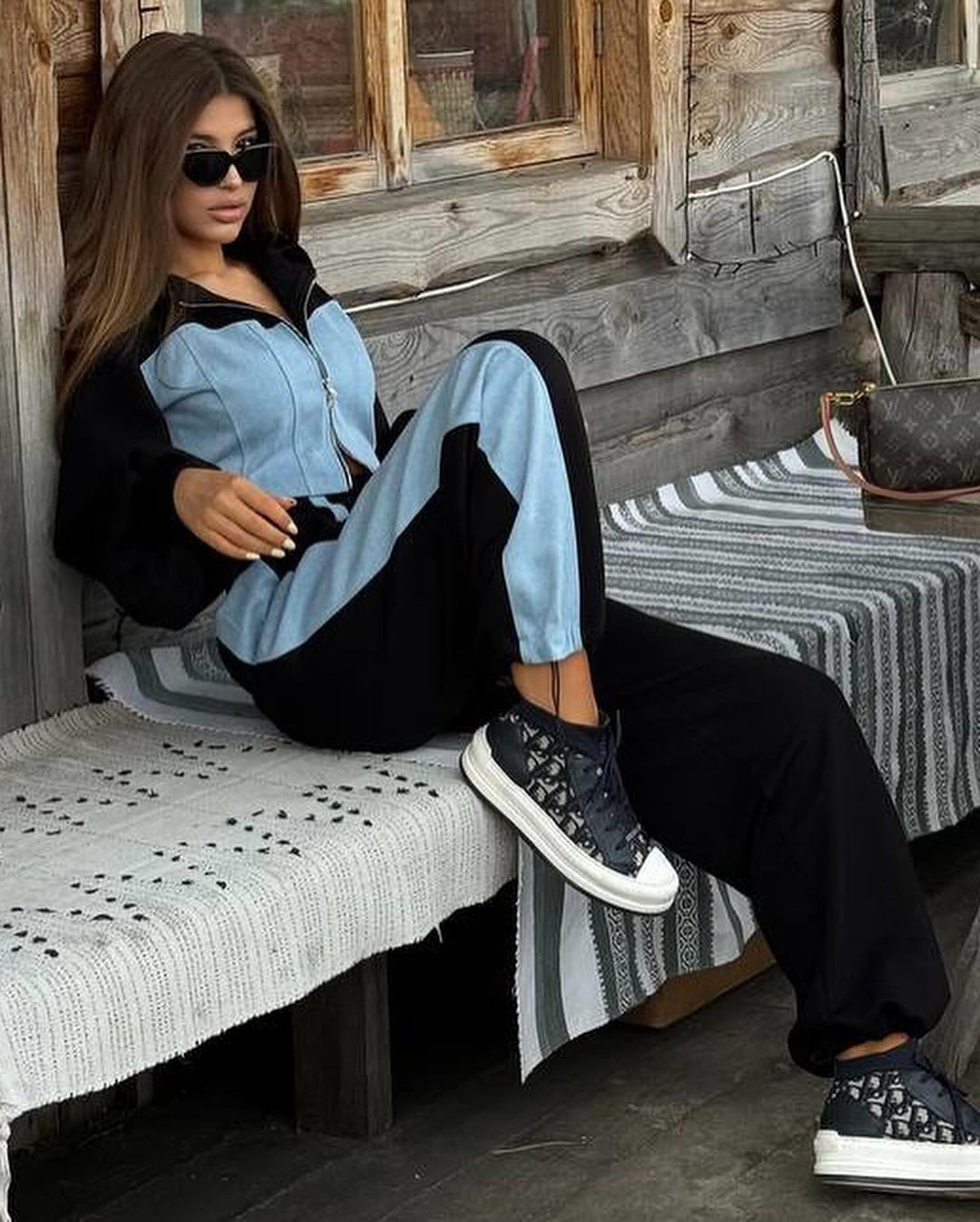 Denim patchwork hooded top and trousers two-piece set