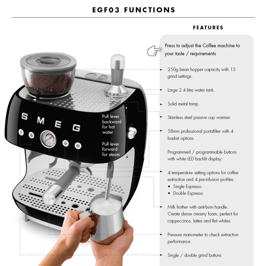 EGF03BLUK Espresso Coffee Machine with Grinder in Black