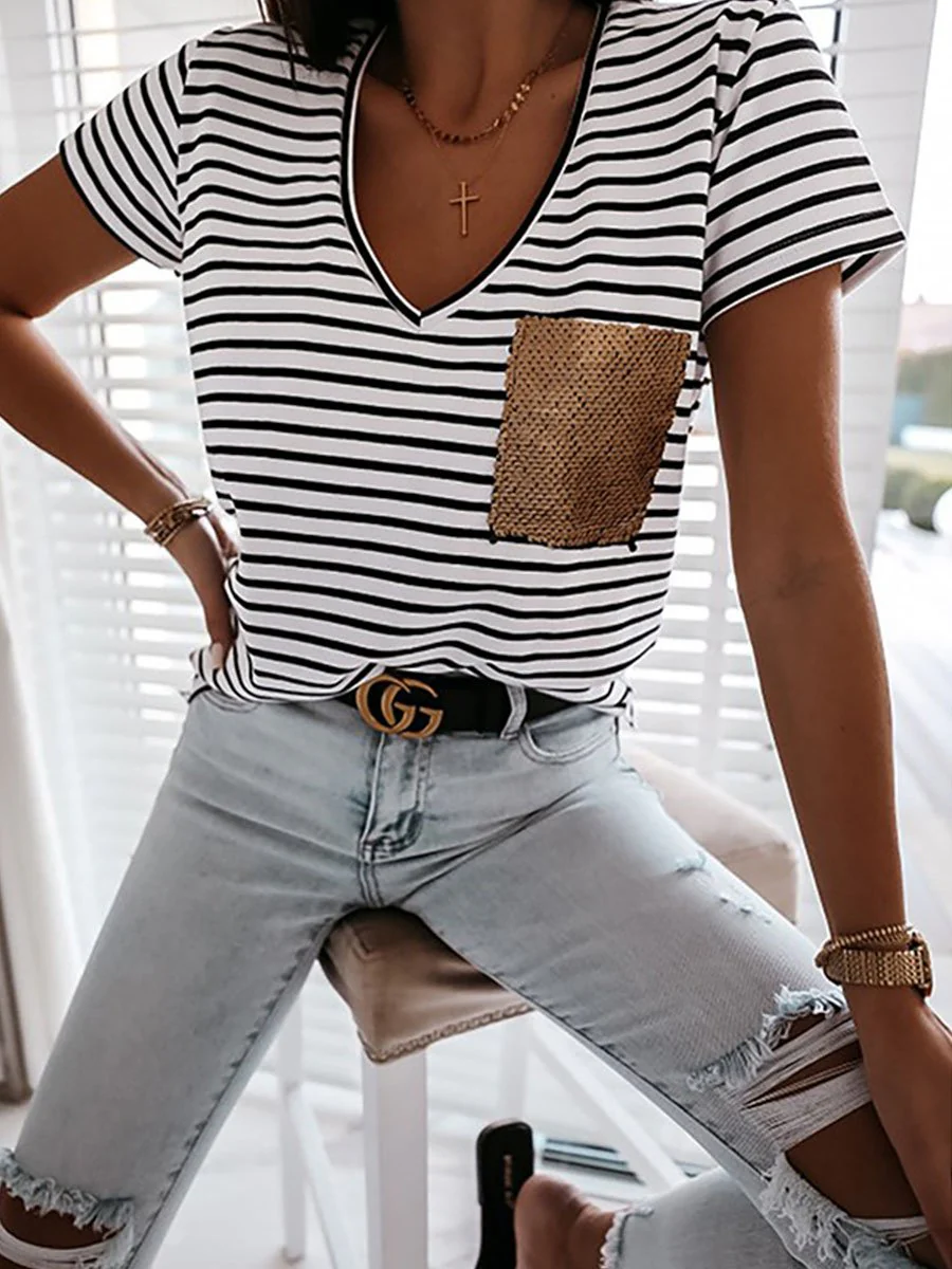 Striped Sequin Pocket V-neck Short-sleeved T-shirt