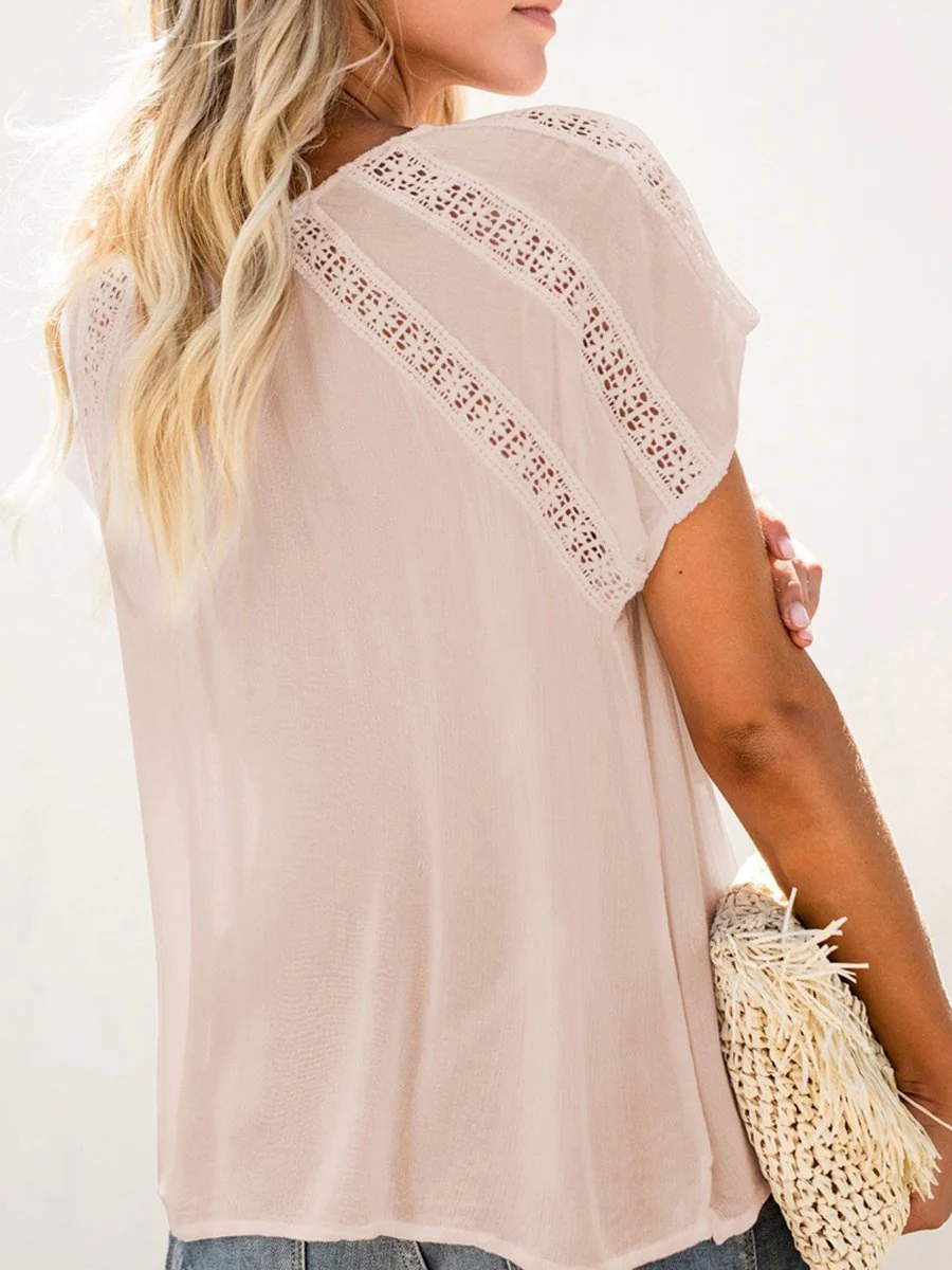 V-neck Short Sleeve Lace Hollow-out Blouse