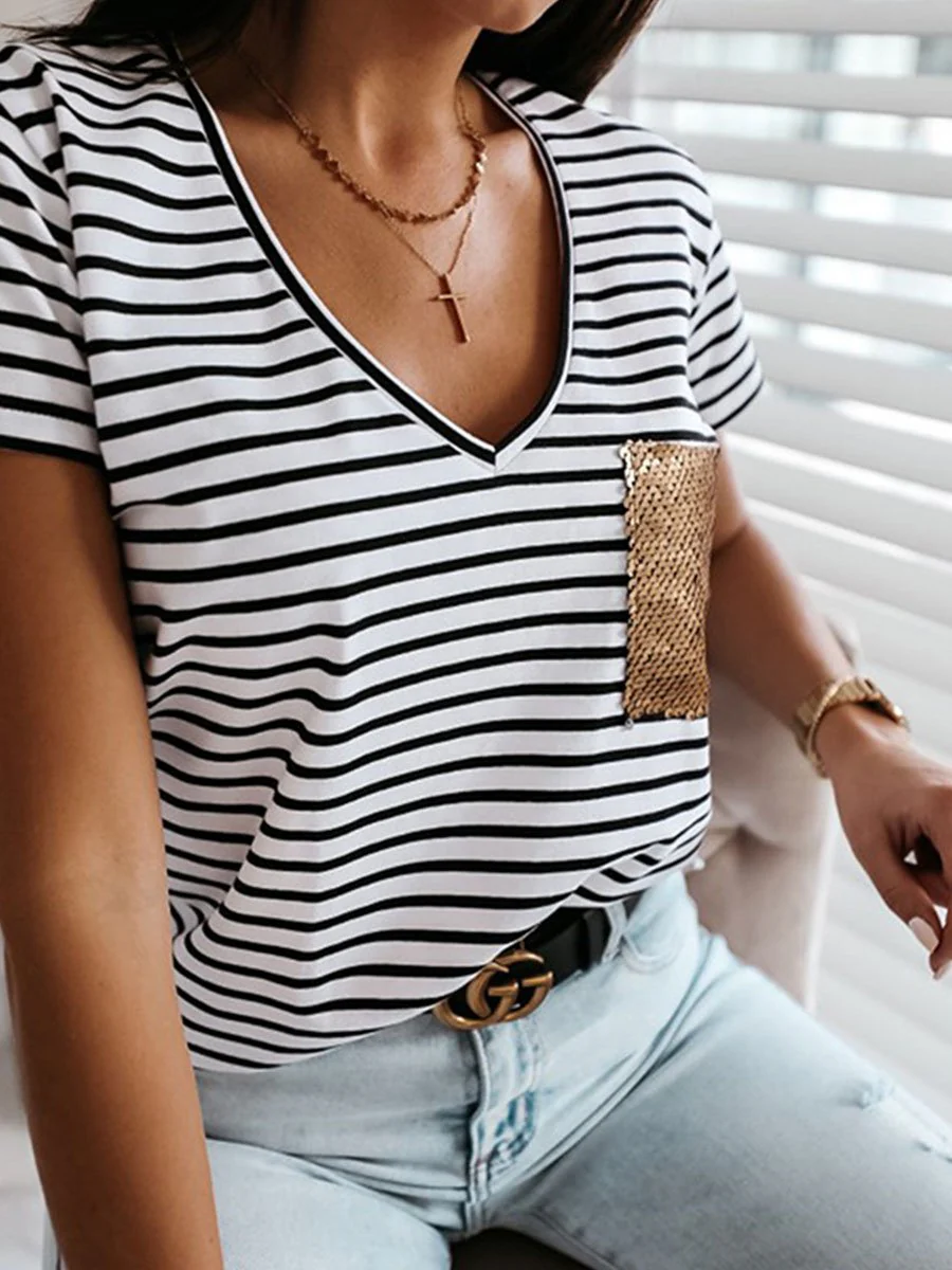 Striped Sequin Pocket V-neck Short-sleeved T-shirt