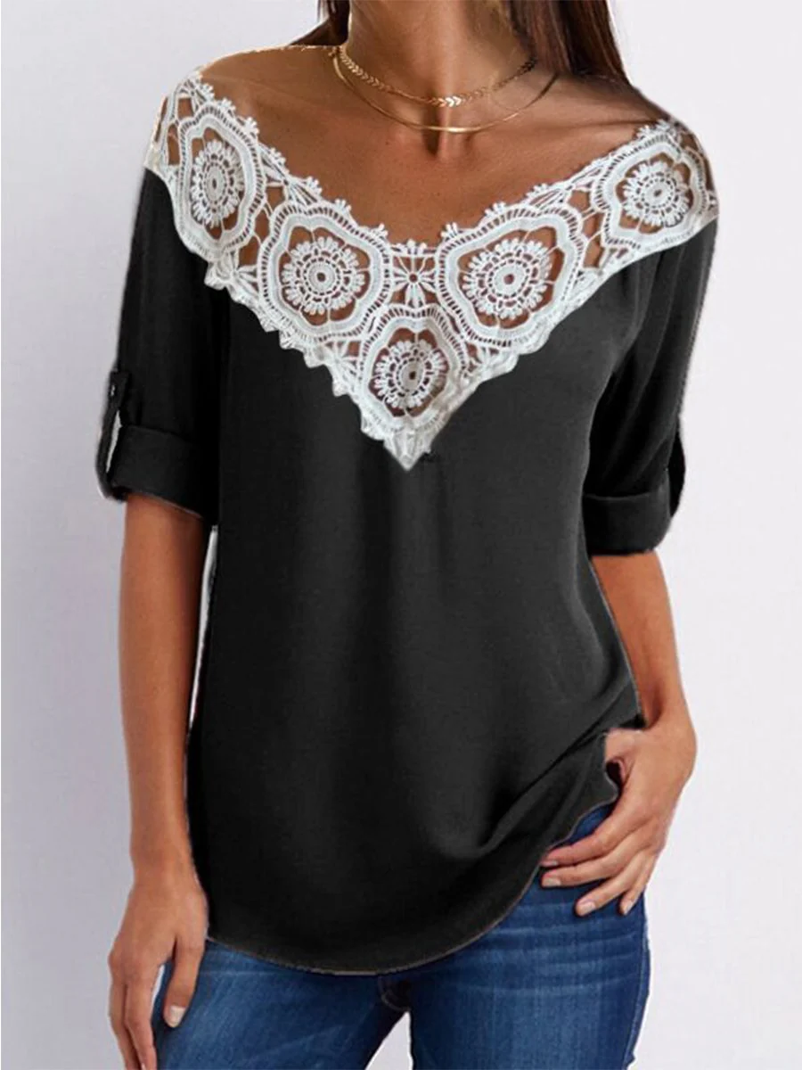 V-neck Solid Lace Stiching Blouse