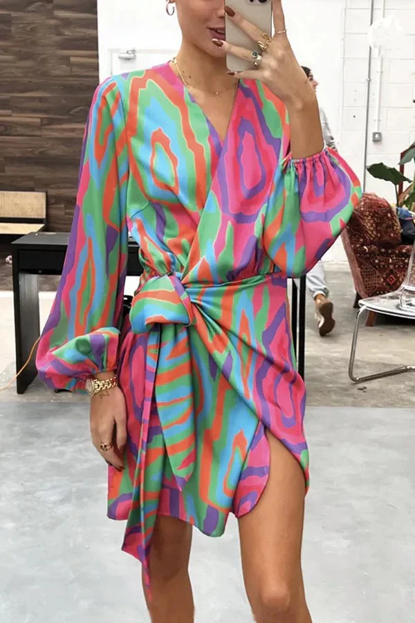 Abstract Wrap Tie Shirt Mini Dress