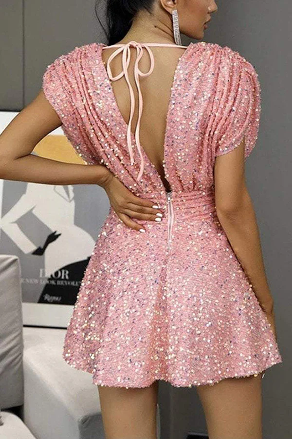 V-neck Sequined Belted Backless Skirt
