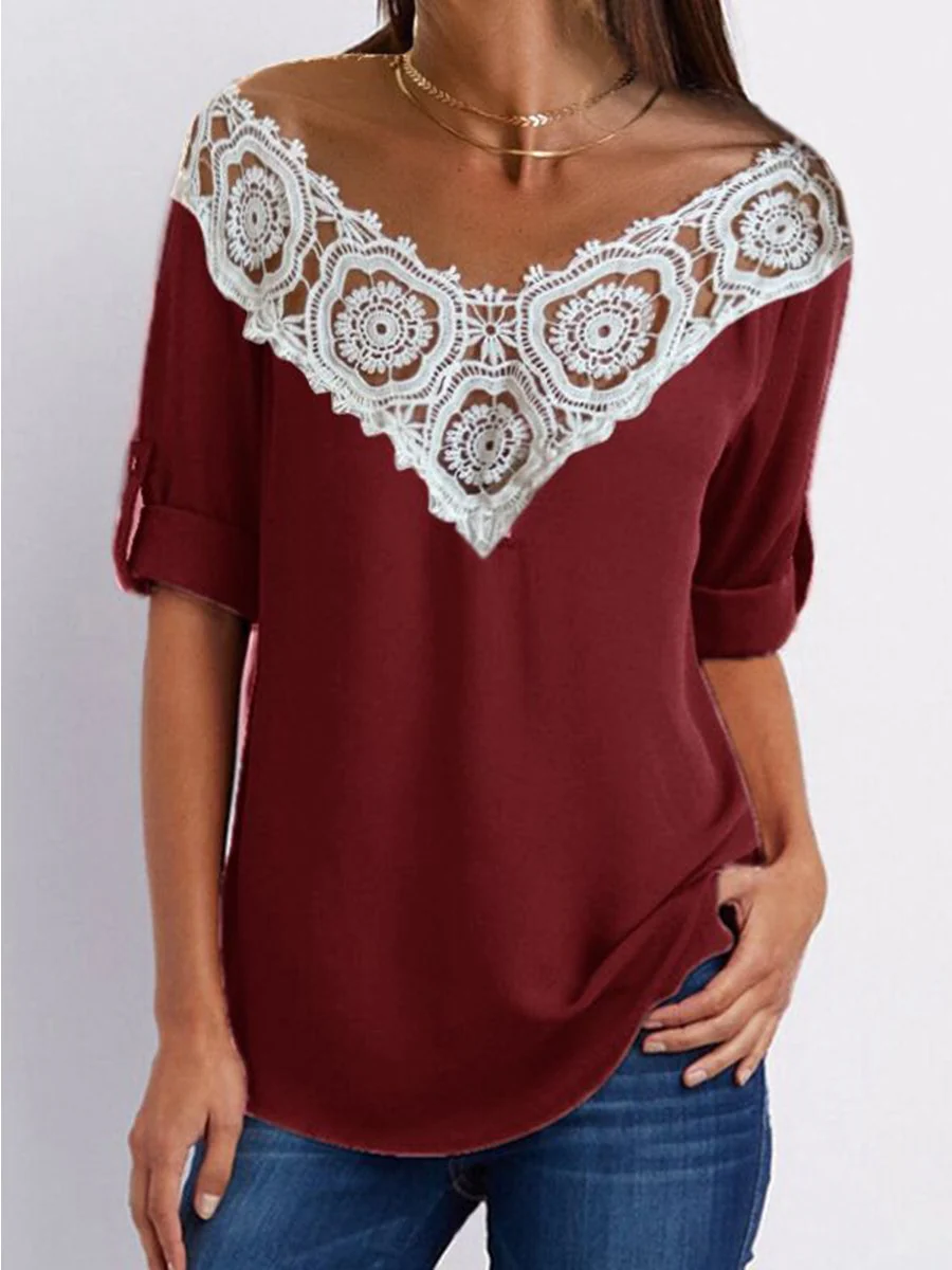 V-neck Solid Lace Stiching Blouse